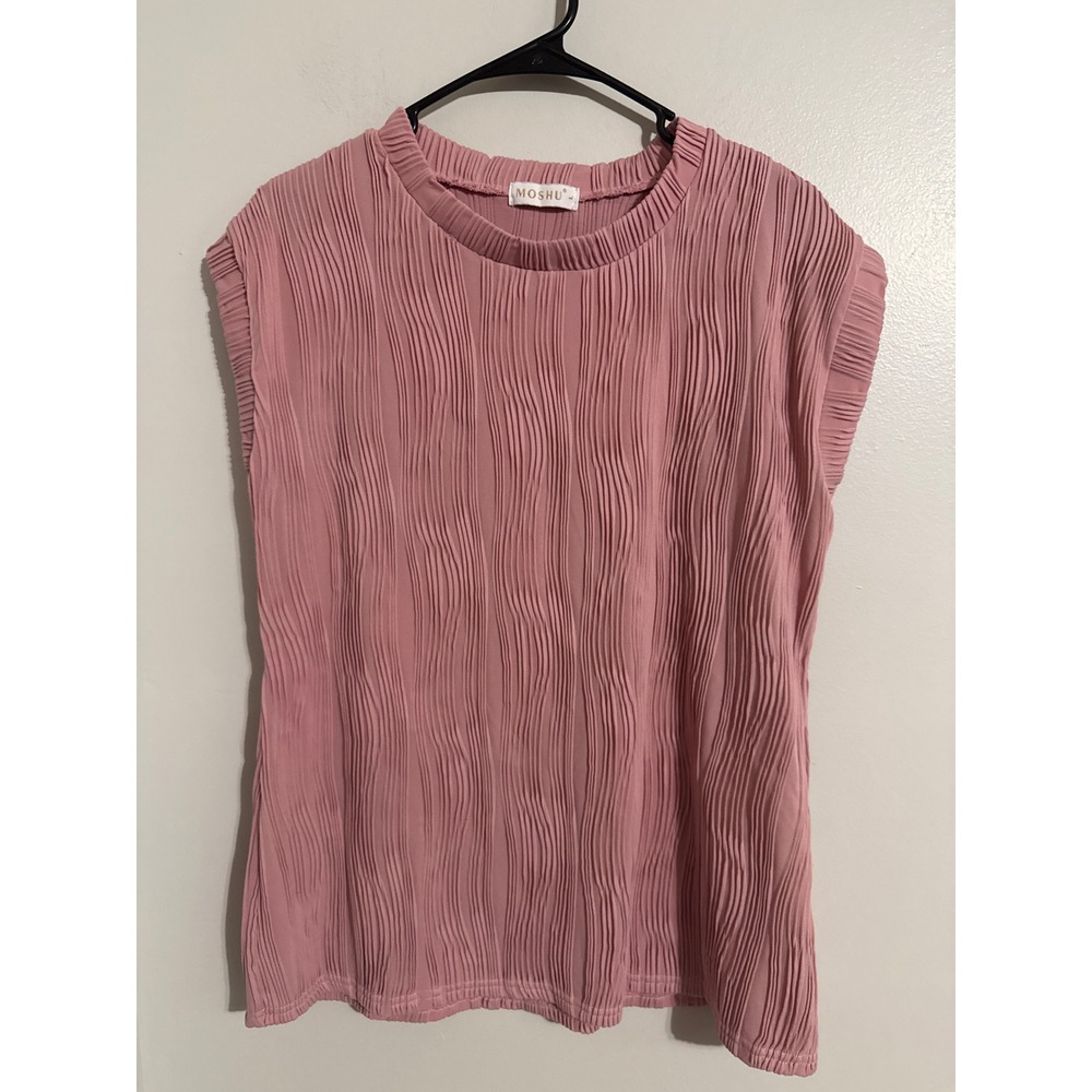 Moshu Womens Pink Plisse Textured Sleeveless Crew Neck Blouse Top Size Large